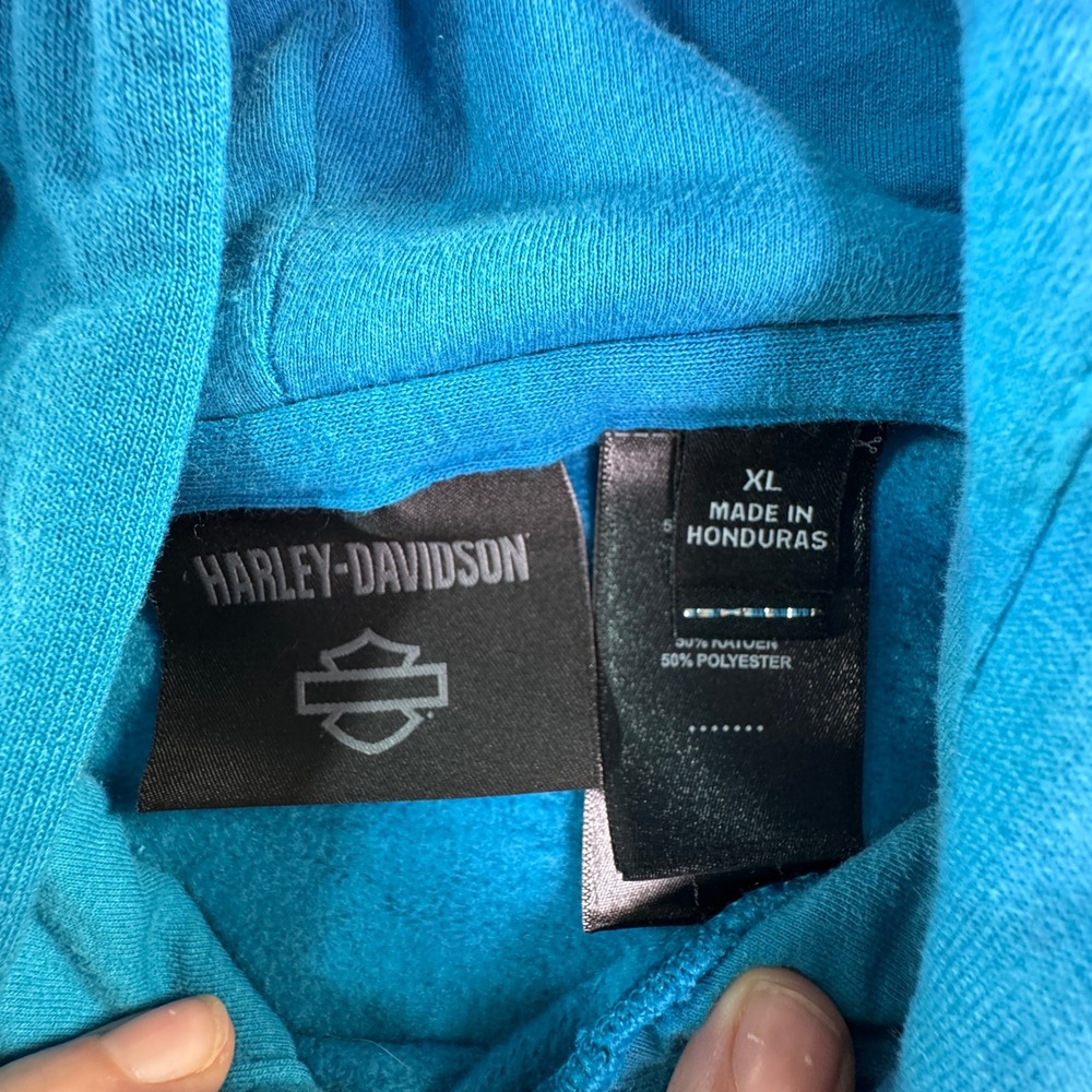 Harley-Davidson Electric Blue Cyan Pullover Hoodie Sweatshirt Kangaroo Pocket XL - Picture 2 of 6